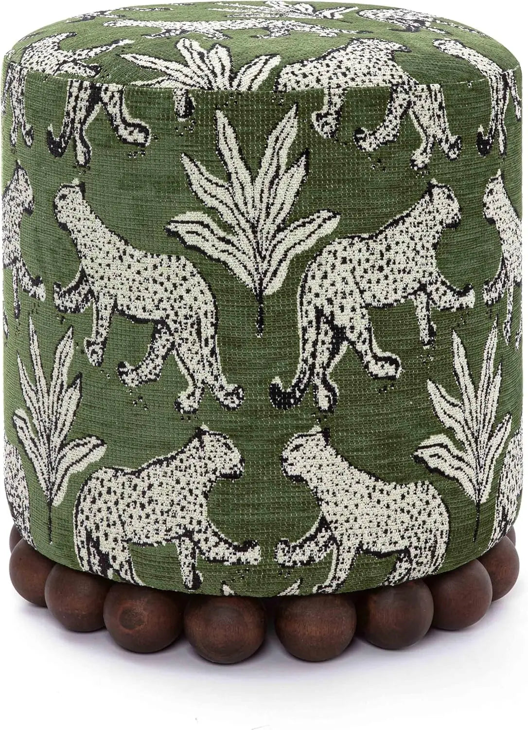 Olive Green Leopard Jacquard Ottoman, Handmade Furniture